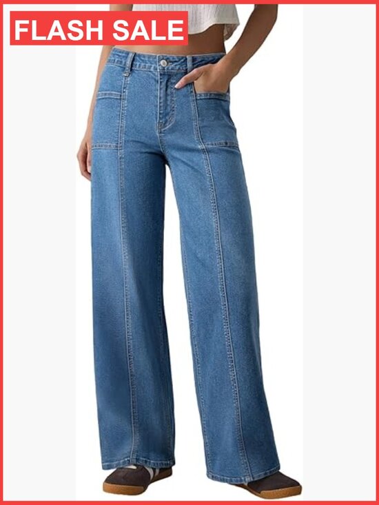 Denim - High Waisted Wide Leg Jeans Stretchy Baggy Denim Pants